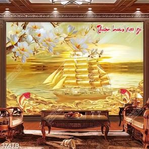 Tranh thuận buồm thuyền trên dòng sông vàng và hoa anh đào nghệ thuật