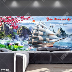 Tranh sơn thủy chiếc thuyền vượt thác chất lượng cao