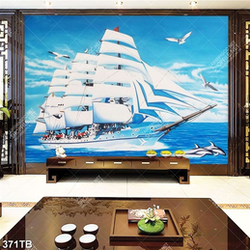 Tranh vẽ chiếc thuyền lớn trên đại dương và cá heo trang trí phòng
