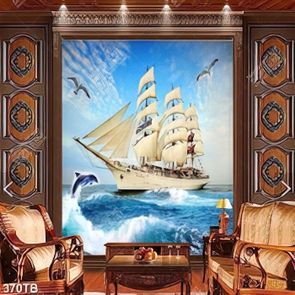 Tranh đại dương thuyền lớn bên cá heo vượt sóng decor tường