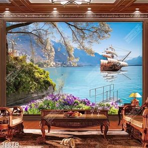 Tranh phong cảnh vườn hoa bên biển decor tường