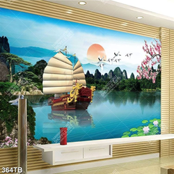 Tranh 3D sông nước và thuyền buồm decor tường