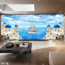 Tranh lâu đài bên biển và thuyền file gốc