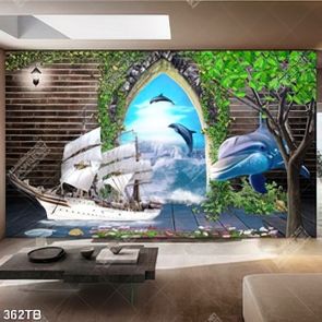 Tranh ghép 3D thuyền và cá heo decor phòng ngủ