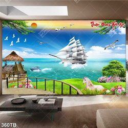 Tranh thuận buồm xuôi gió thuyền vượt biển và chim hải âu