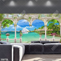 Tranh biển thuyền buồm bên ngôi nhà lợp lá đẹp thơ mộng