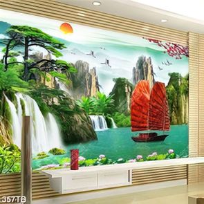 Tranh sơn thủy thác nước lớn và con thuyền đỏ
