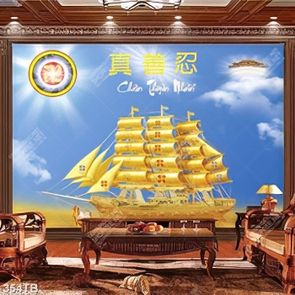 Tranh thư pháp phong thủy thuyền vàng và hoa sen in uv Tranh thư pháp phong thủy thuyền vàng và hoa sen in uv