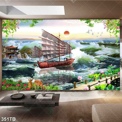 Tranh thuận buồm thuyền vược sóng lớn decor phòng khách