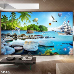 Tranh biển thuyền vào bãi đá đẹp in kính