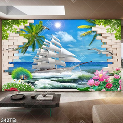 Tranh 3D thuyền vượt sóng nước lớn bên hoa sen in uv