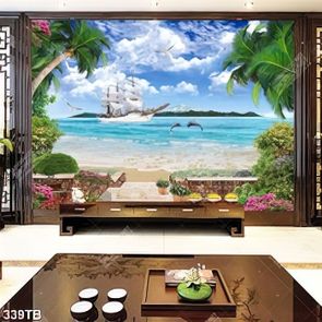 Tranh trang trí phòng thuyền và cá heo trên biển in uv