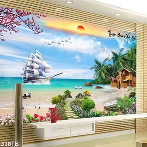 Tranh thuận buồm xuôi gió thuyền buồm bên ngôi nhà gỗ decor tường