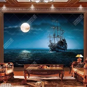 Tranh đại dương thuyền và biển khi đêm xuống file gốc