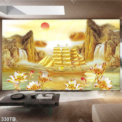 Tranh 3D thuyền và thác nước đẹp nghệ thuật