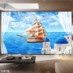 Tranh cửa sổ trên lâu đài hướng ra thuyền trên đại dương
