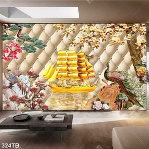 Tranh ghép kim tiền đá giả ngọc thuyền vàng trên dòng nước