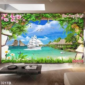 Tranh thuận buồm thuyền và ngôi nhà lợp lá bên bờ biển