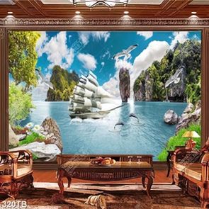 Tranh thuận buồm xuôi gió thuyền và cá heo in kính