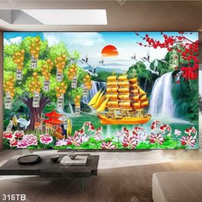 Tranh ghép kim tiền thuyền vượt thác file gốc