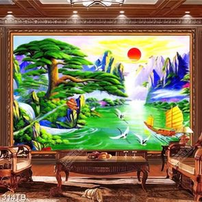 Tranh sơn dầu thuyền buồm trên sông nước