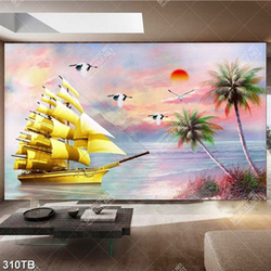 Tranh sơn dầu con thuyền bên bờ biển in uv