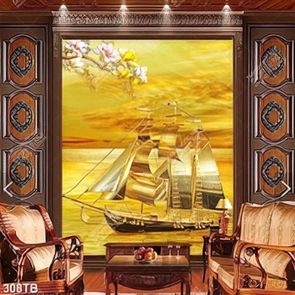 Tranh thuyền buồm trên biển vàng in kính