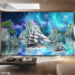 Tranh ghép con thuyền bên núi đá decor tường