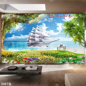 Tranh thuận buồm xuôi gió con thuyền ngoài biển