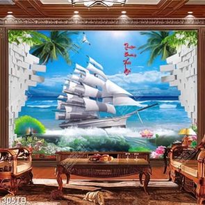 Tranh 3D thuận buồm xuôi gió trên con sóng lớn in uv