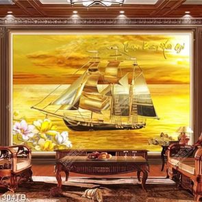 Tranh decor tường tàu căng buồm giữa biển vàng nghệ thuật