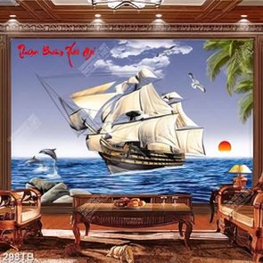 Tranh thuận buồm xuôi gió thuyền bên cá heo trên biển đẹp nhất