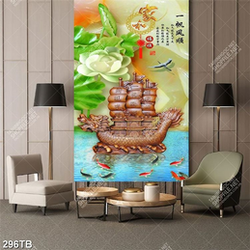 Tranh thuyền khắc gỗ trên nền sen giả ngọc