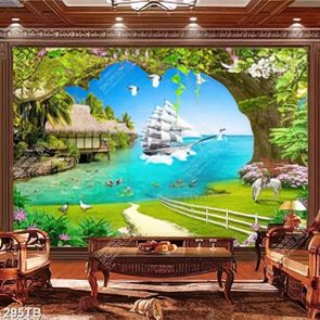 Tranh thuyền buồm trên biển bên cây cổ thụ đẹp nhất