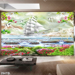 Tranh ghép thuyền buồm vượt thác nước nền đá giả ngọc in uv