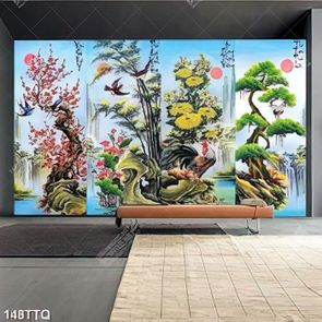 Tranh tứ quý psd chim én bên hoa đào,trúc,cúc,mai