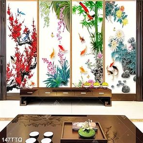 Tranh tứ quý treo tường bốn loại hoa bên cá chép