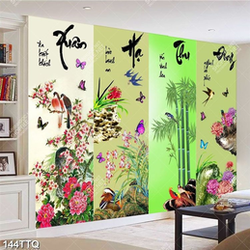 Tranh tứ quý trang trí bốn loại hoa bên chim công