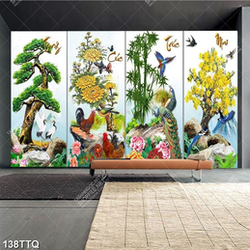 Tranh tứ quý treo tường tùng cúc trúc mai bên đàn chim