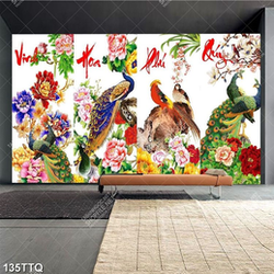 Tranh tứ quý in tường vinh hoa phú quý bên chim công