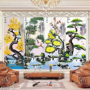 Tranh tứ quý trang trí bốn loại cây bên dòng suối