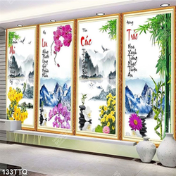 Tranh tứ quý in 3d mai lan trúc cúc bên ngọn núi cao