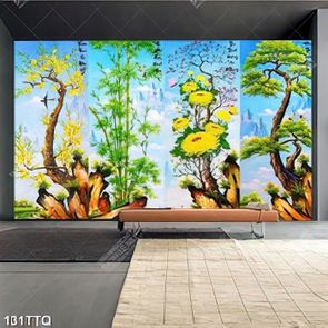 Tranh tứ quý in canvas tùng mai trúc cúc và chim én