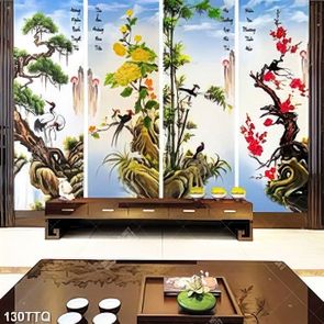 Tranh tứ quý psd tùng cúc trúc đào bên đôi chim hạc