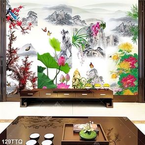 Tranh tứ quý treo tường đào sen lan cúc bên chân núi