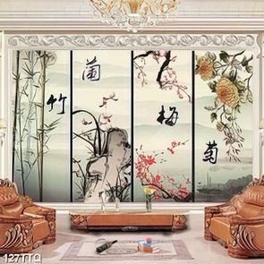 Tranh tứ quý trang trí trúc lan đào cúc bên chữ hán