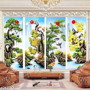 Tranh tứ quý in canvas cây tùng cúc trúc mai bên sông