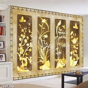 Tranh tứ quý psd chim và bướm bay lượn bên hoa