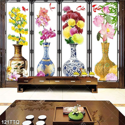 Tranh tứ quý phong thủy bốn bình hoa tươi xinh đẹp