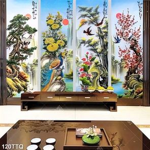 Tranh tứ quý in tường tùng ,cúc,trúc,đào và chim én
